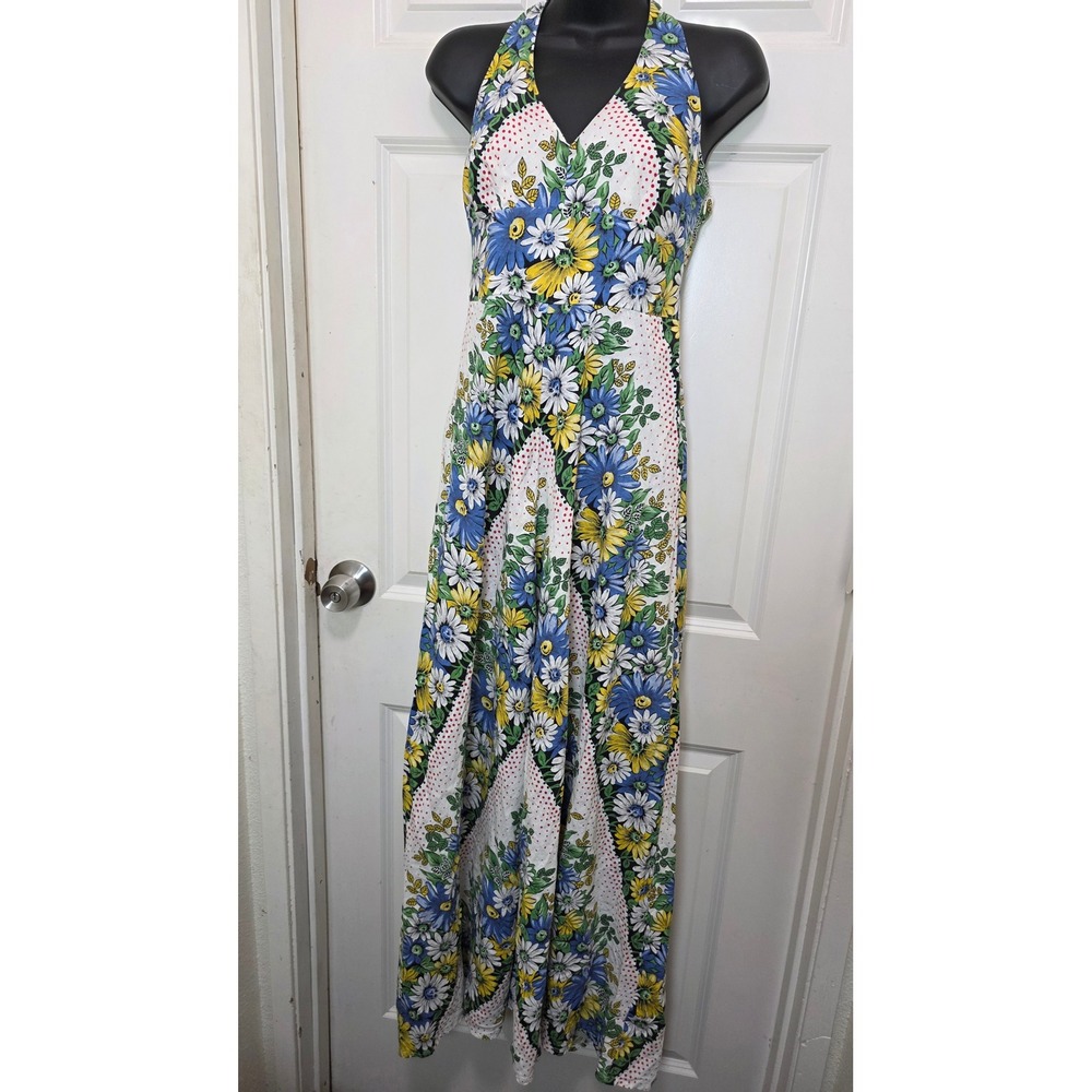 Anthropologi Floral Halter Maxi Dress Women 2 White Blue Yellow Boho Summer